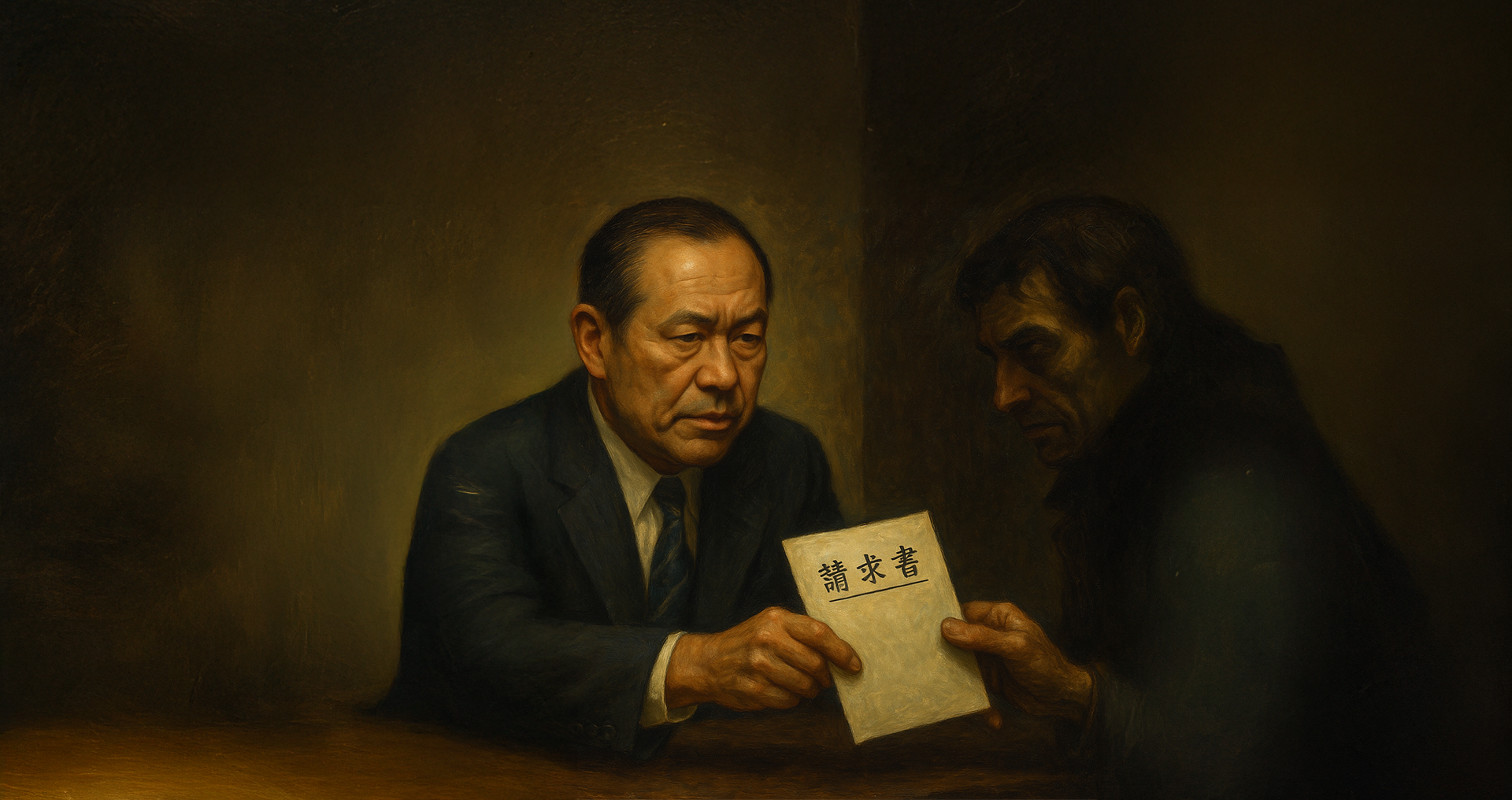 「イラストbyGPT：田中角栄が請求書を渡しているところ」